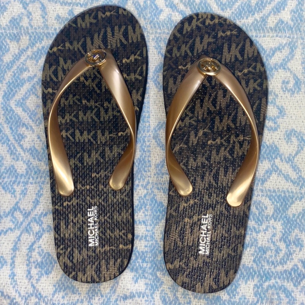 Michael Kors Brown and Gold Flip Flops